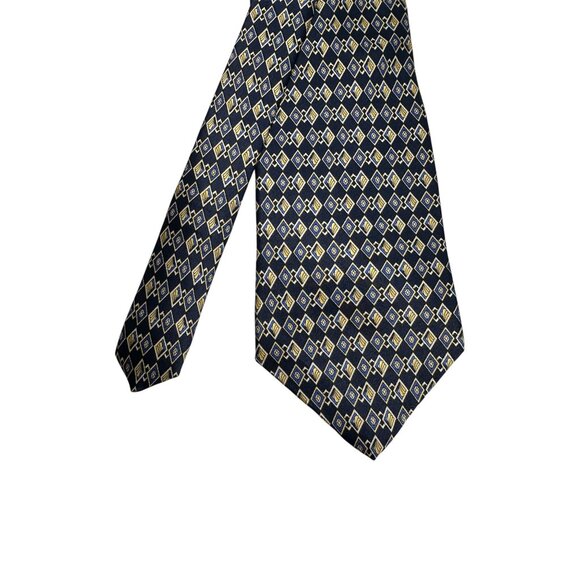 Villa Bugatti Mens Silk Necktie Navy Gold Geometric Diamond Pattern Made In USA - Picture 2 of 5